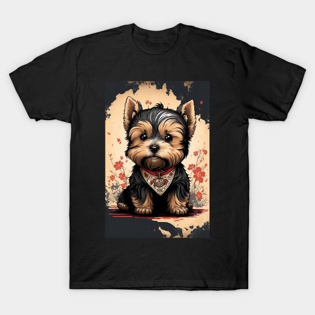 Super Cute Yorkshire Terrier Puppy Portrait Japanese style T-Shirt by KoolArtDistrict
